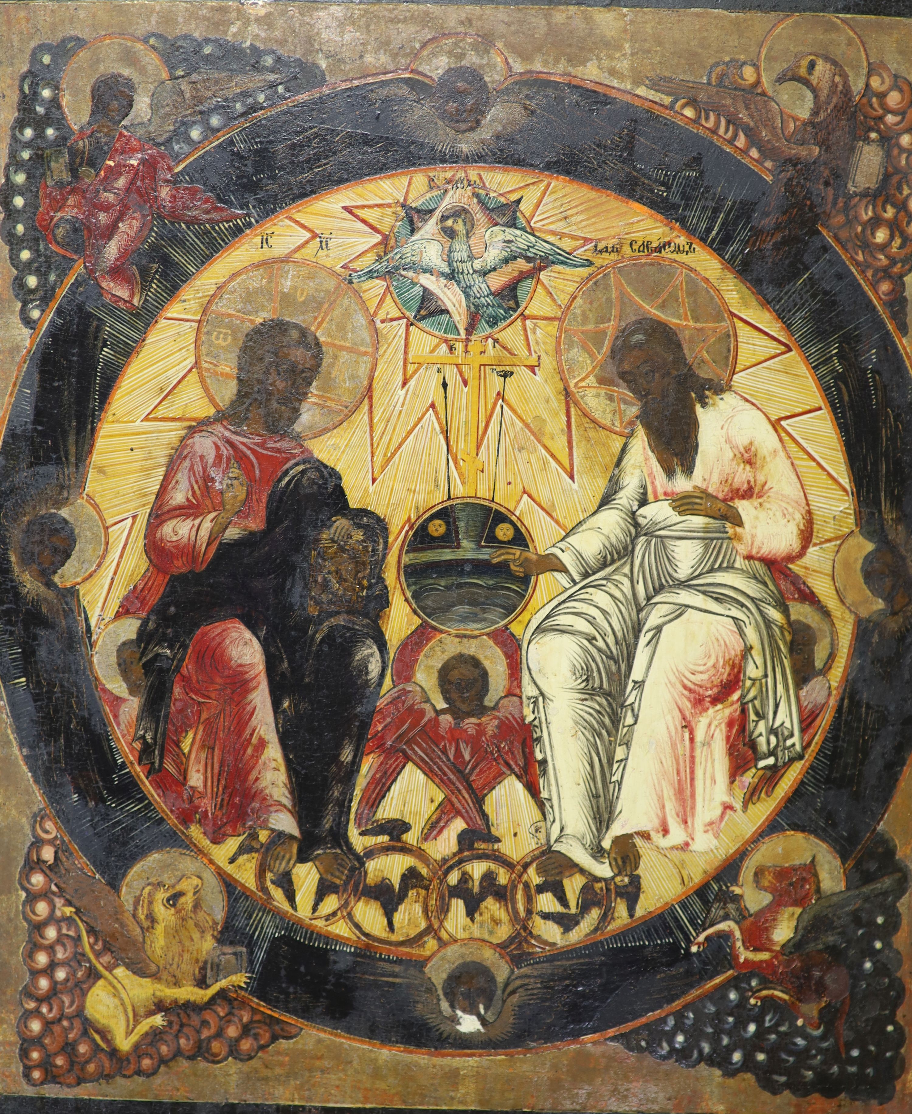 19th Century Russian School, icon, Father, Son and Holy Ghost, 33 x 28cm.